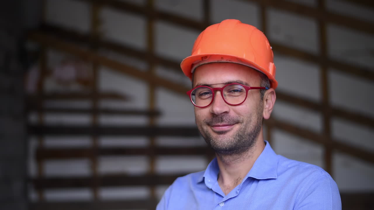 A site manager wearing an orange safety helmet smiling on a construction site