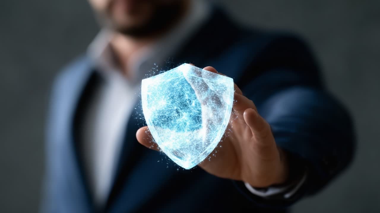 A Businessman Displays a Glowing Digital Shield, Symbolizing Protection and Security in Modern Technology and Cyber Defense in a Professional Setting