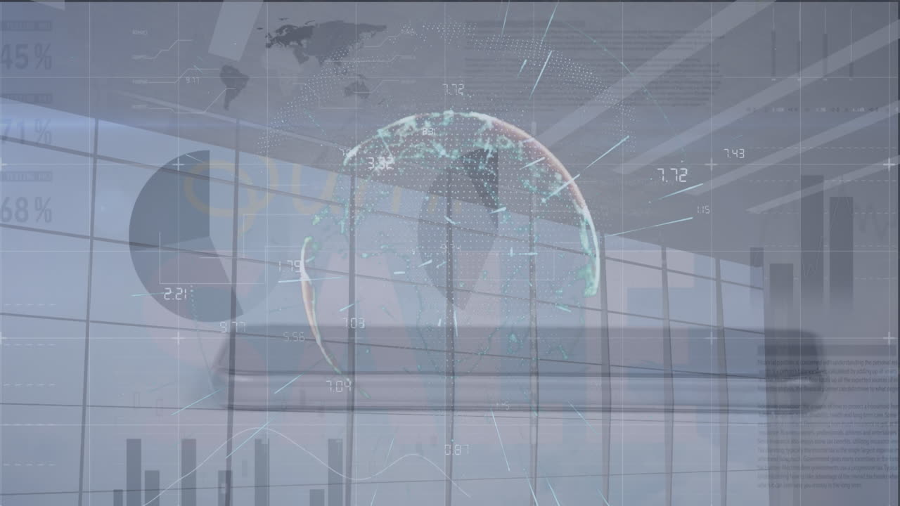 테이블 위의 휴대 전화에 대한 전 세계에 대한 선과 숫자에 대한 인포그래픽 인터페이스의 애니메이션