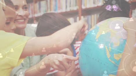 animation of network of profiles over group of diverse students touching a globe model at school