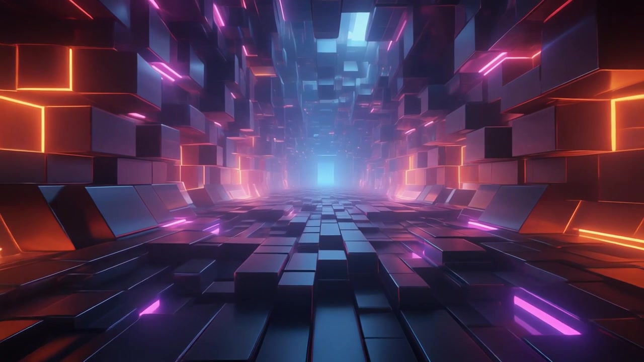 Futuristic Digital Tunnel with Glowing Neon Geometric Blocks