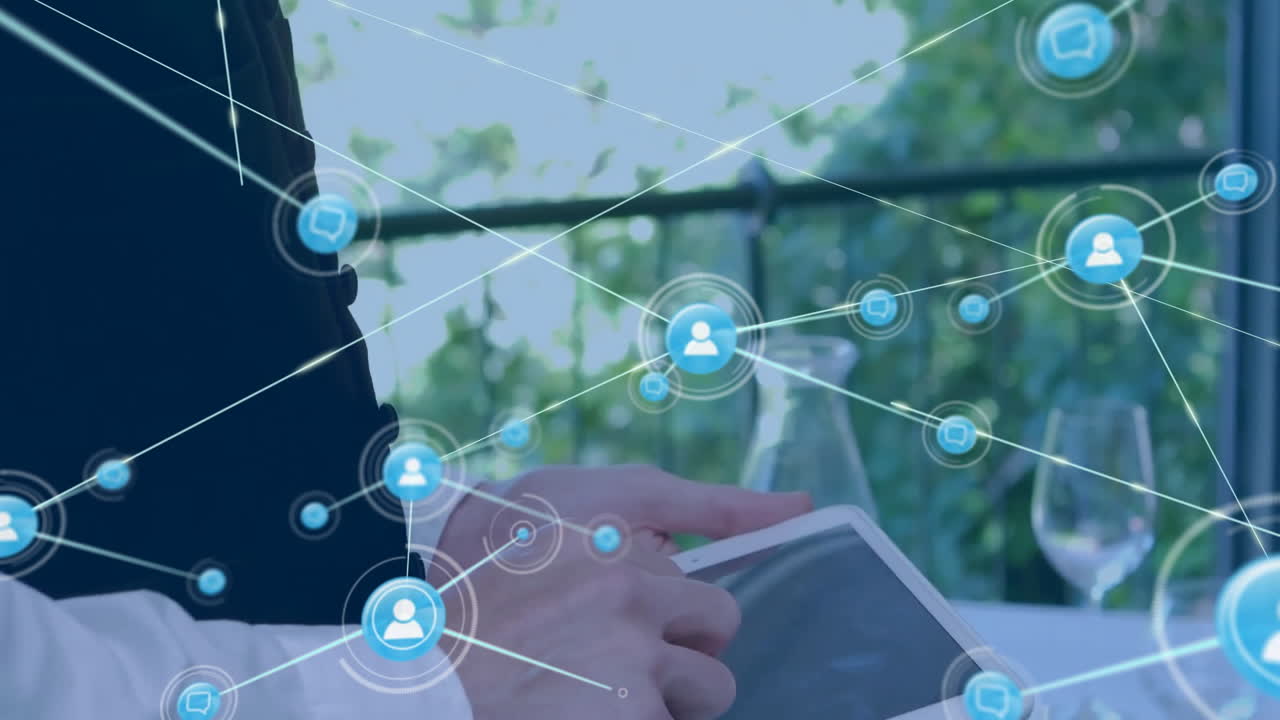 디지털 태블릿에서 스크롤하는 백인 웨이터에 대한 연결된 아이콘의 애니메이션