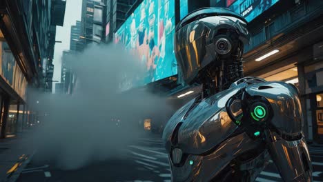 futuristic robot in a cyberpunk city