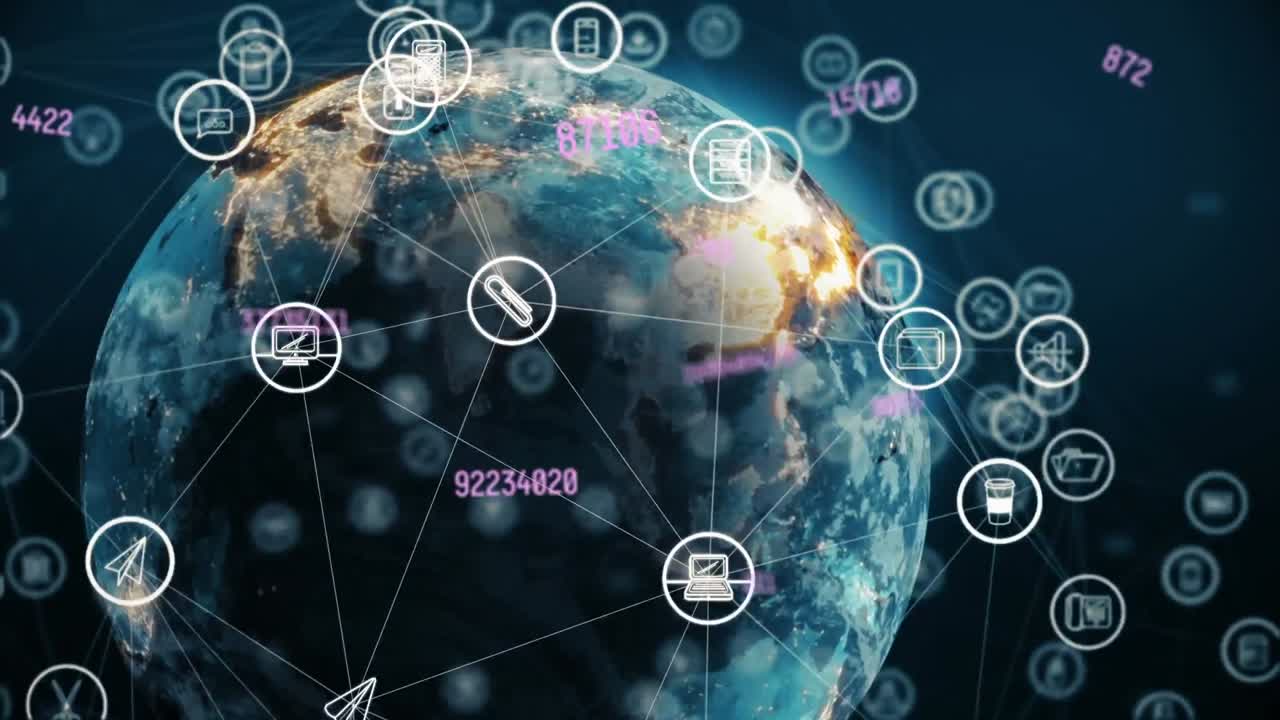 анимация сети соединений с иконами по всему миру