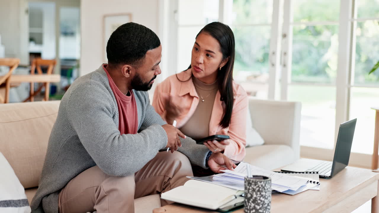 Frustrated couple, phone and fight in financial
