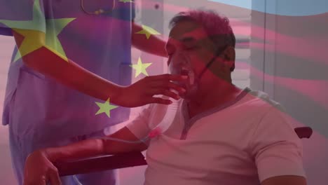 Animation-of-flag-of-china-over-african-american-female-doctor-with-patient