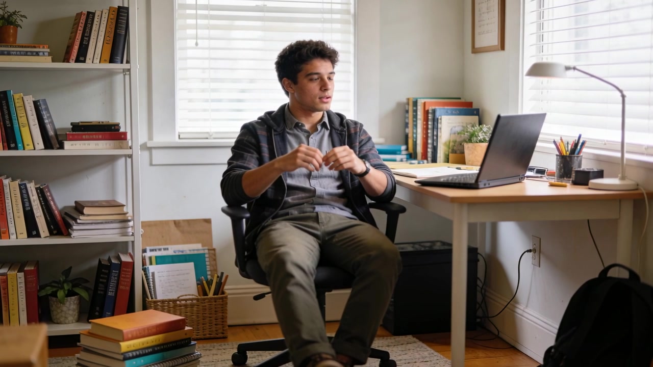 Fidgeting man in hoodie glancing at laptop and window in home study, moving fingers while working