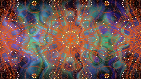 animation of orange kaleidoscope shapes over blue to green liquid background