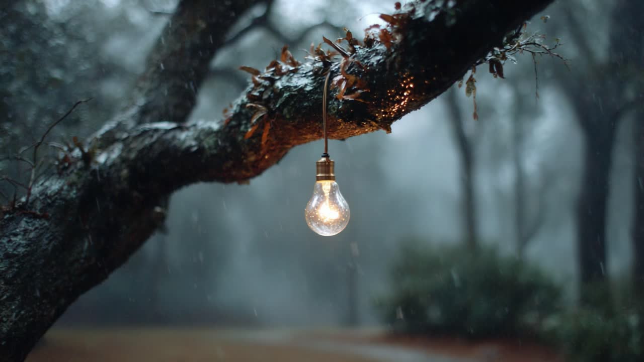 A Hanging Light Bulb Illuminates a Misty Forest Scene with Raindrops and Lush Greenery, Creating a Serene and Atmospheric Ambiance in Nature