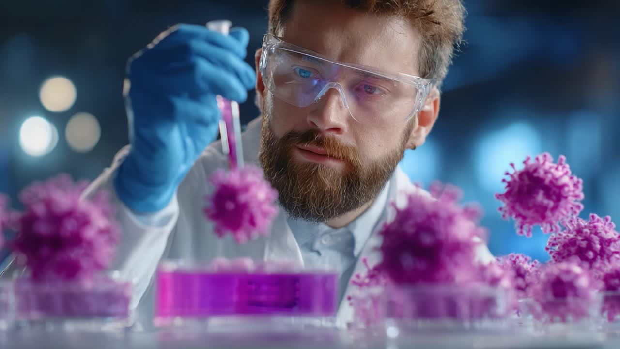 A focused researcher in a lab coat conducts an experiment with pink viral samples and a pipette, showcasing the meticulous work in microbiology and virology research