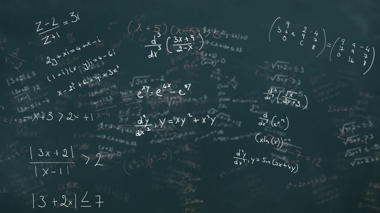 animación de ecuaciones matemáticas blancas flotando sobre un fondo abstracto