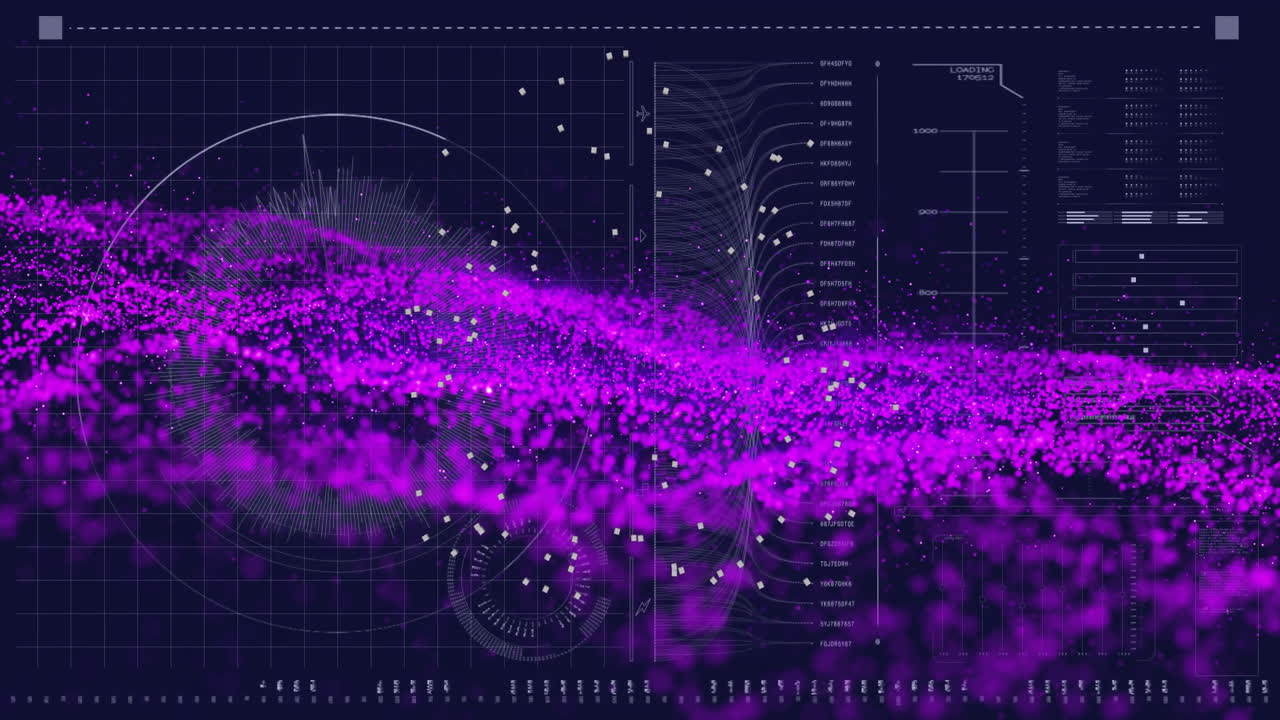 Animation of purple data visualization with graphs and charts on dark background
