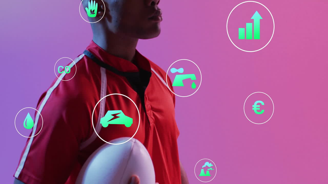 Holding rugby ball, athlete with environmental animation on pink background