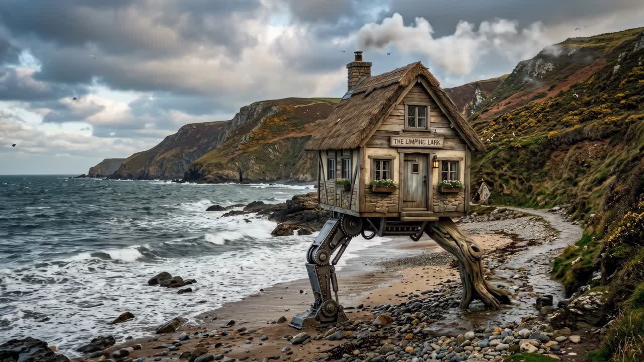 Animeret fantasyhus med mekaniske ben, der går på en stenstrand