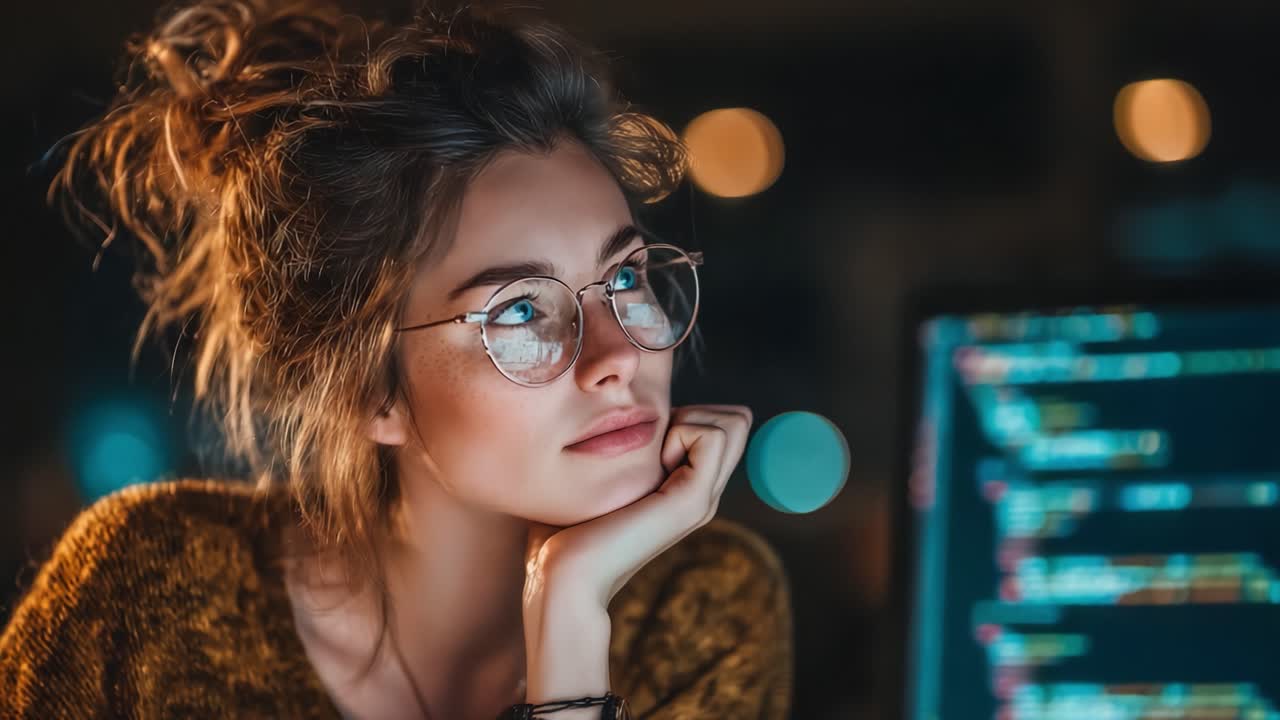 A Thoughtful Young Woman with Glasses Pondering While Working on a Computer in a Cozy, Dimly Lit Environment Surrounded by Soft Bokeh Lights
