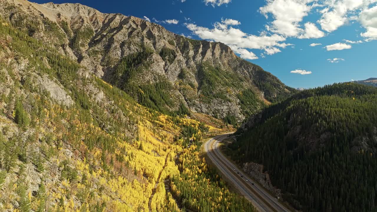 Establishing drone aerial over mountain road lined with vibrant autumn foliage in Frisco Gulch Colorado, ascend over aspens