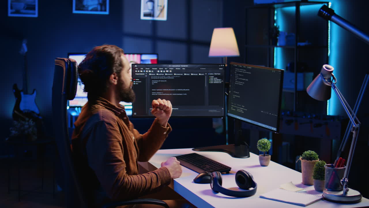 Developer having positive mood after finishing task, throwing fist in air