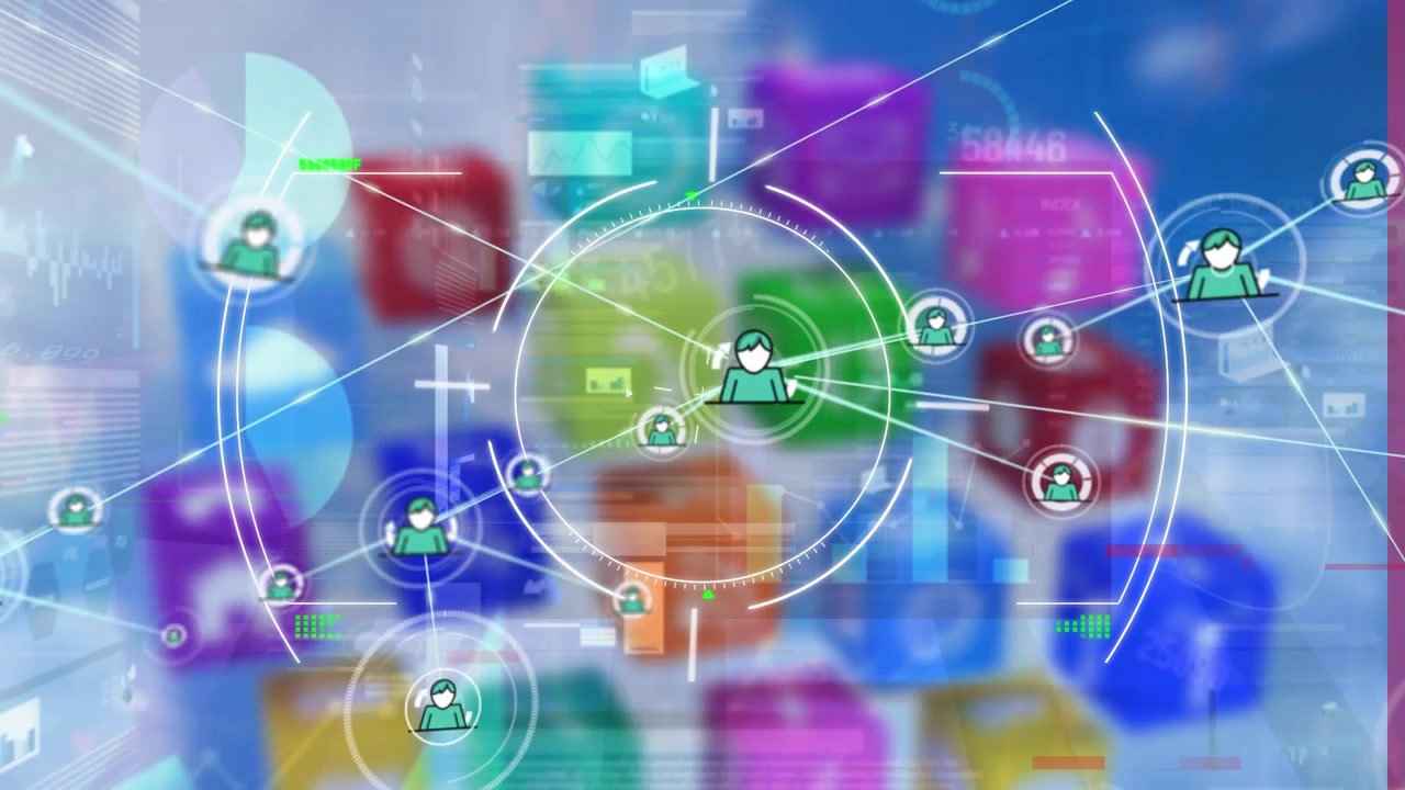 Animación de un visor escaneando sobre una red de iconos de perfil contra iconos digitales y procesamiento de datos.