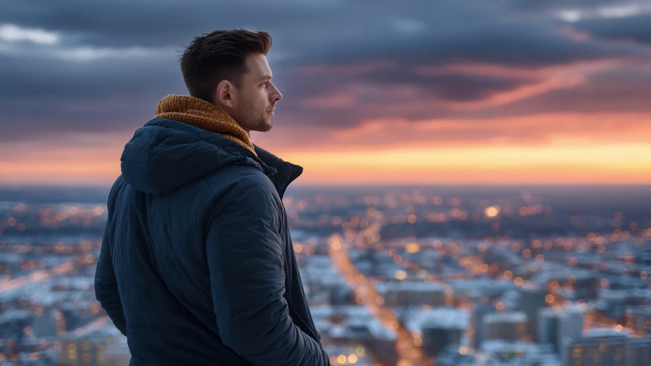 A reflective moment overlooking a vibrant city skyline at dusk, as a man contemplates life while bathed in the warm glow of a stunning sunset sky