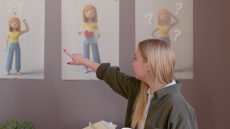Joven diseñadora gráfica explicando un proyecto a sus colegas en un estudio de animación.