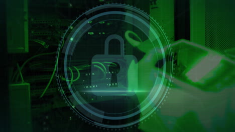 animation of padlock data processing over caucasian male it technician by computer servers