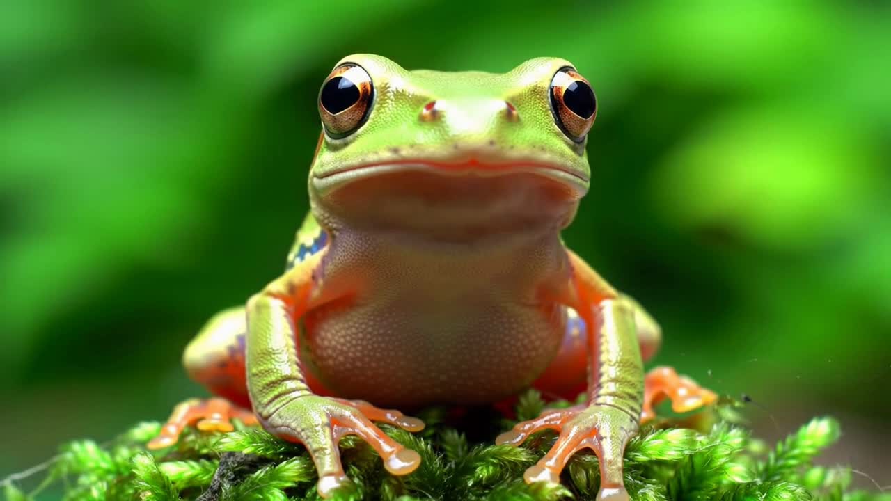 Macro Portrait of a Green Tree Frog on Vibrant Moss