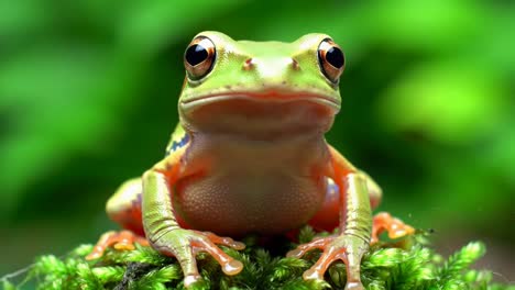 macro portrait of a green tree frog on vibrant moss
