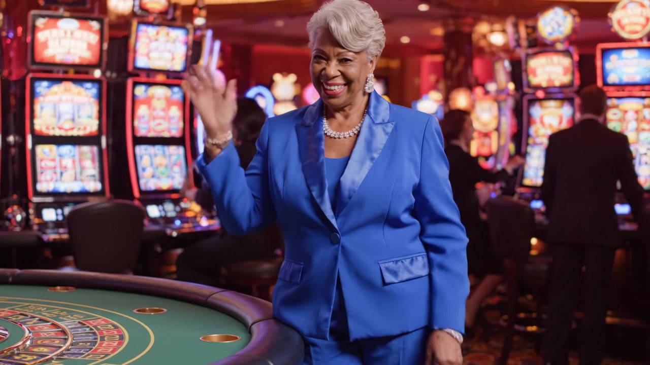 Uma Mulher Confiante Celebrando a Sua Vitória num Casino Vibrante, Elegantemente Vestida de Azul, Rodeada por Máquinas Caça-Níqueis Coloridas e Mesas de Roleta