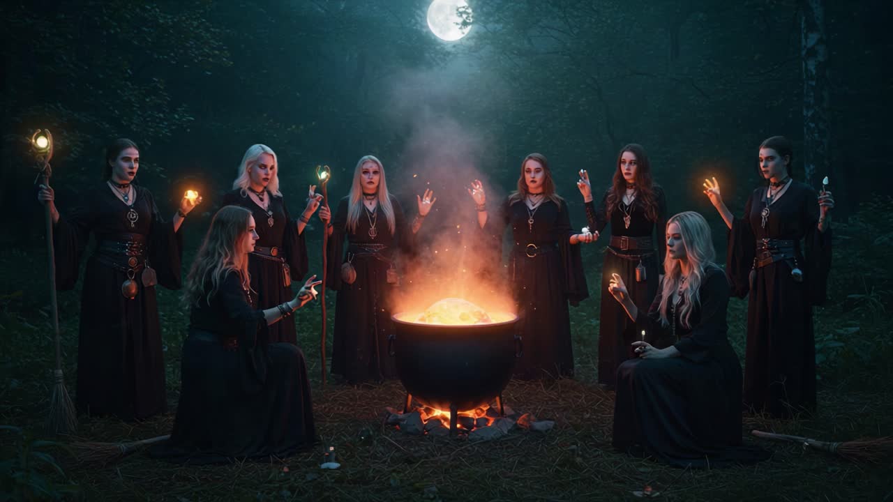 Mysterious Gathering of Enchantresses Under the Full Moon, Conjuring Spells and Rituals Around a Fiery Cauldron in a Moonlit Forest Clearing