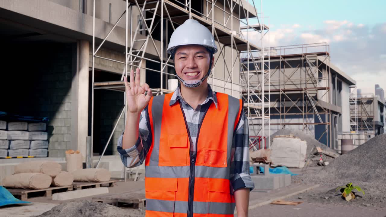 Asian Male Engineer With Safety Helmet Smiling And Showing Okay Gesture To The Camera While Standing At Building & Construction Site in Progress to New House