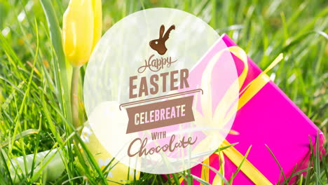 animation of happy easter text over present and easter egg