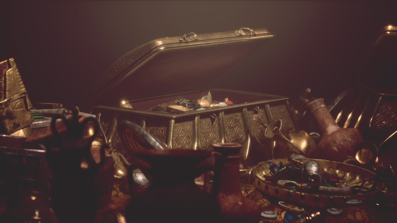 유물들로 가득 찬 고대 보물 상자
