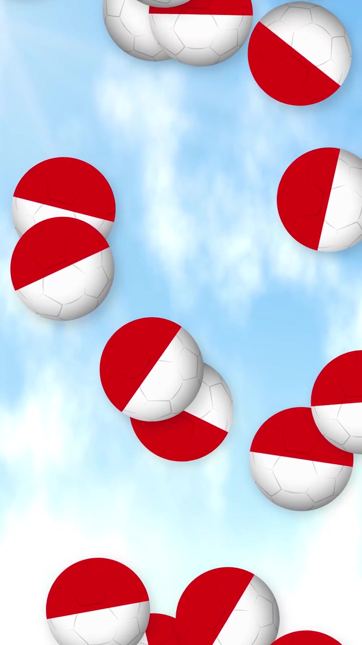 Vertical animation of red and white sports balls falling against a bright cloudy sky background.