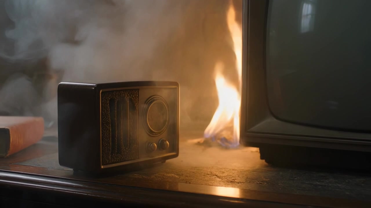 Kleine Flamme erscheint am Fuß eines Röhrenfernsehers, wächst und sendet Rauch um ein Vintage-Radio auf einem Holzregal.