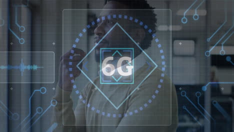 contemplating technology, man in school viewing animation with 6g network overlay