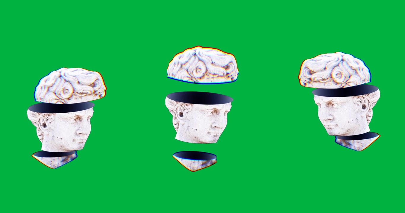 Animation of moving head sculptures on transparent background
