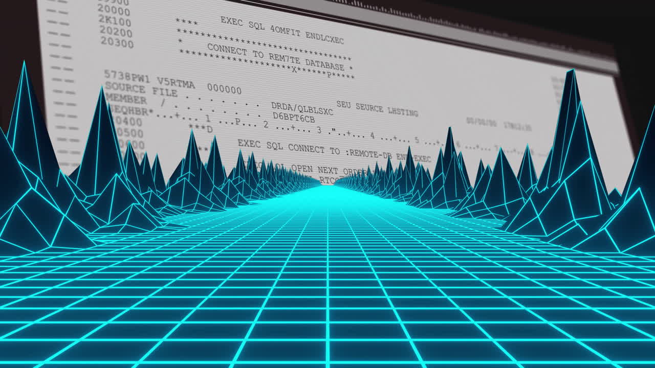 Animation of digital code processing on futuristic grid landscape in school setting