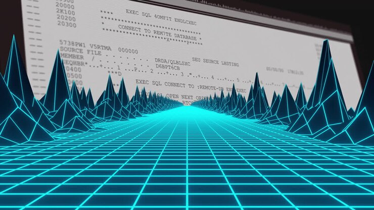 Animation of digital code processing on futuristic grid landscape in school setting