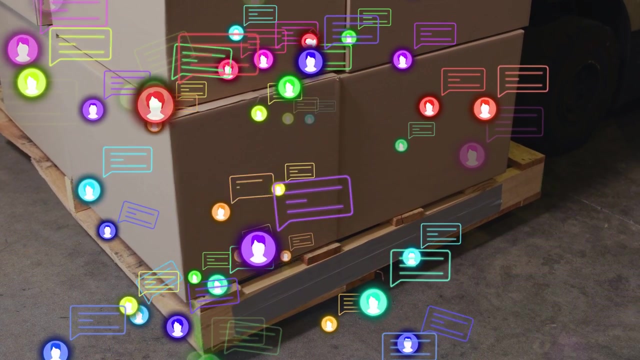 Palleted boxes receiving data in warehouse, spawning avatar bubbles around boxes, grouping down