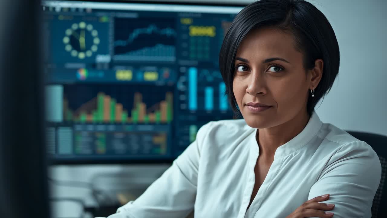 Reacting to camera zooming, woman in white top opening and shifting gaze at desk monitor, confident