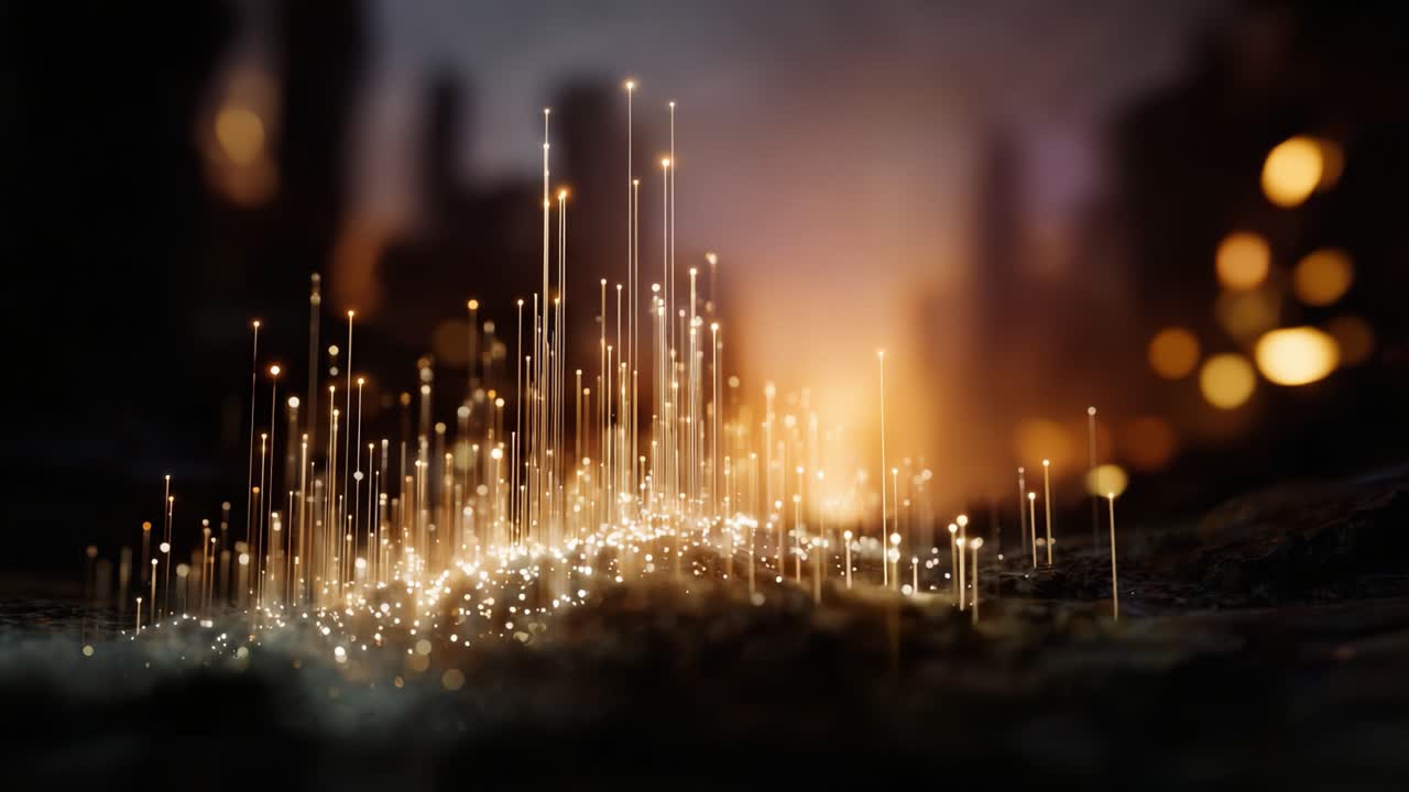 Un bagliore etereo di particelle luminose si innalza sopra una superficie ruvida, creando una sensazione visiva ipnotica in un ambiente onirico ricco di colori tenui