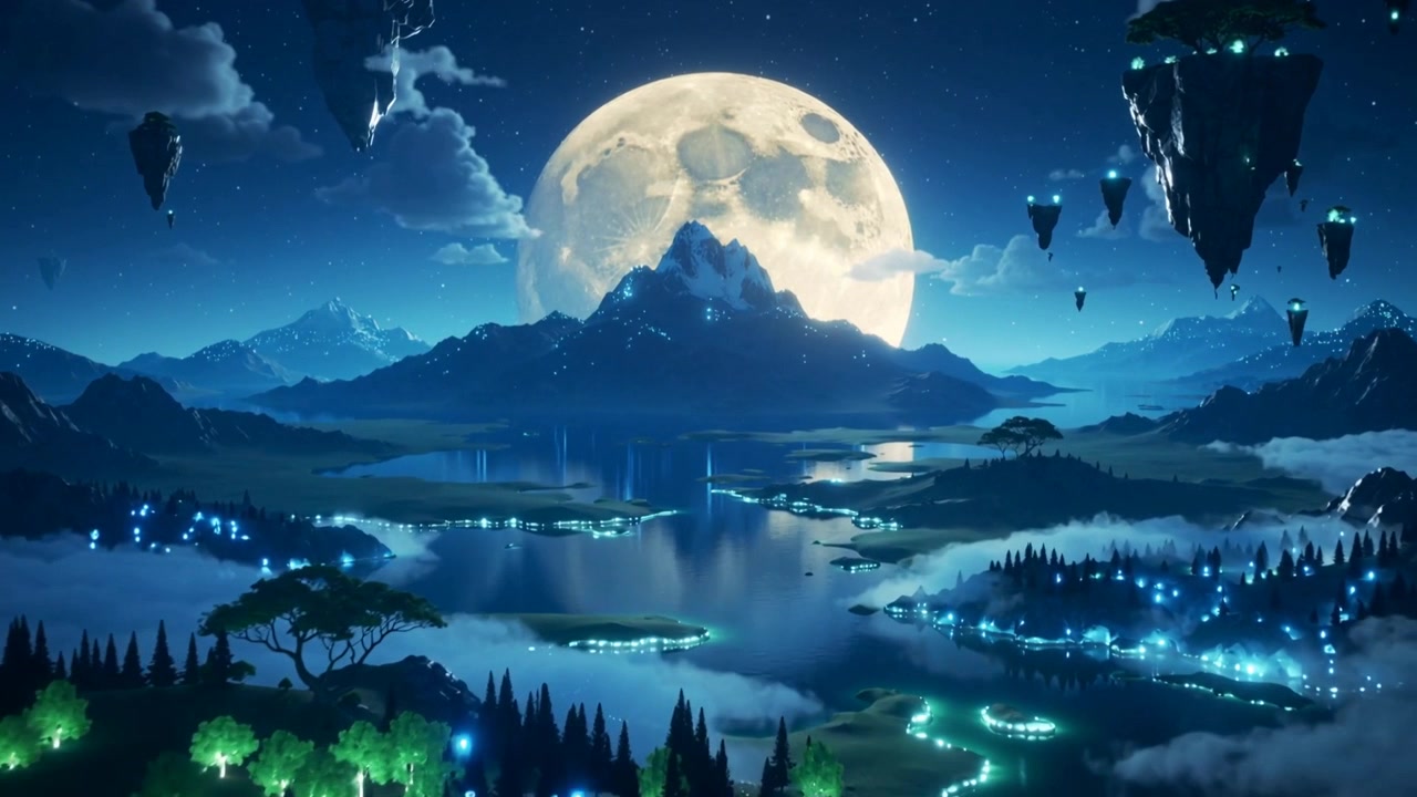 Panoramica della telecamera per rivelare una montagna centrale con la luna piena e un lago a specchio di notte, isole galleggianti.