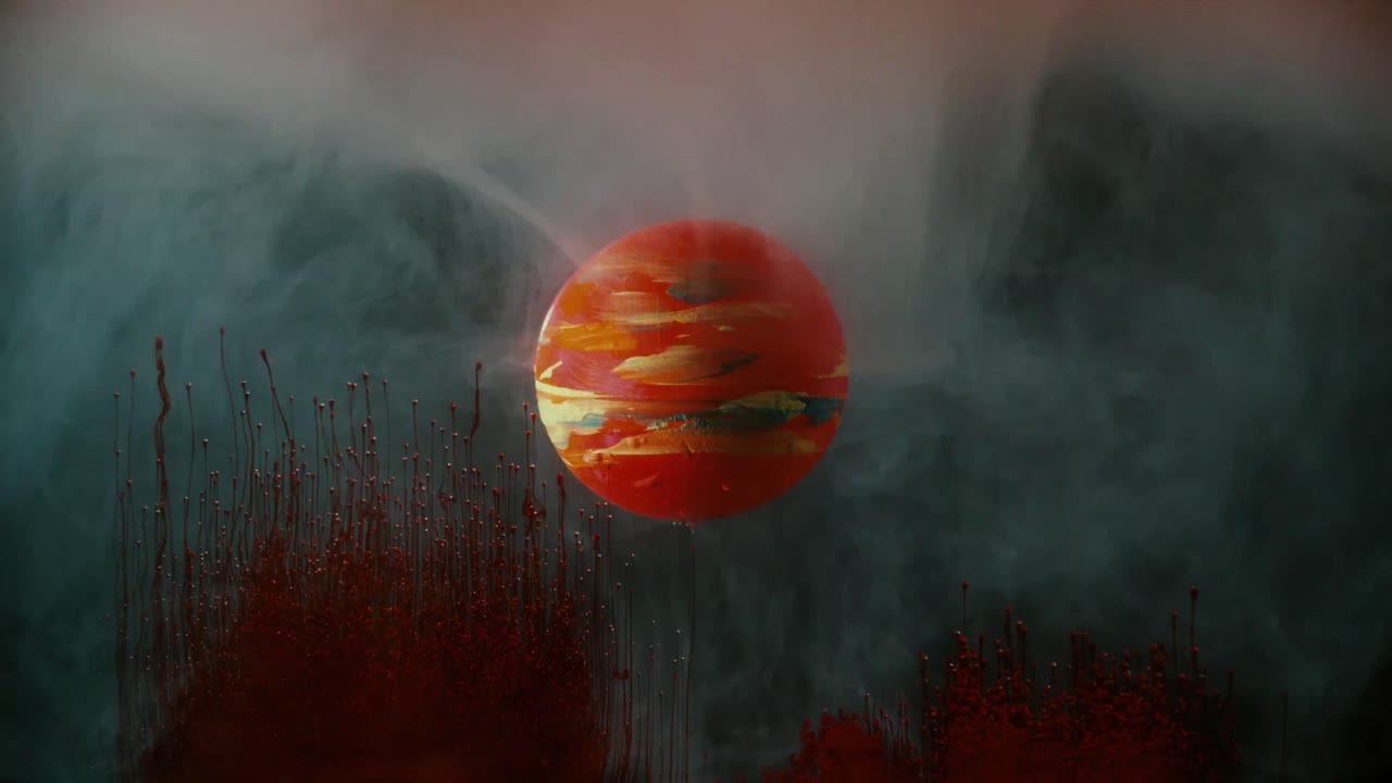 un planeta rojo giratorio girando en medio de una estructura similar a un líquido, ascendiendo gradualmente a través de varios puntos de vista, simbolizando el concepto de emergencia y transformación