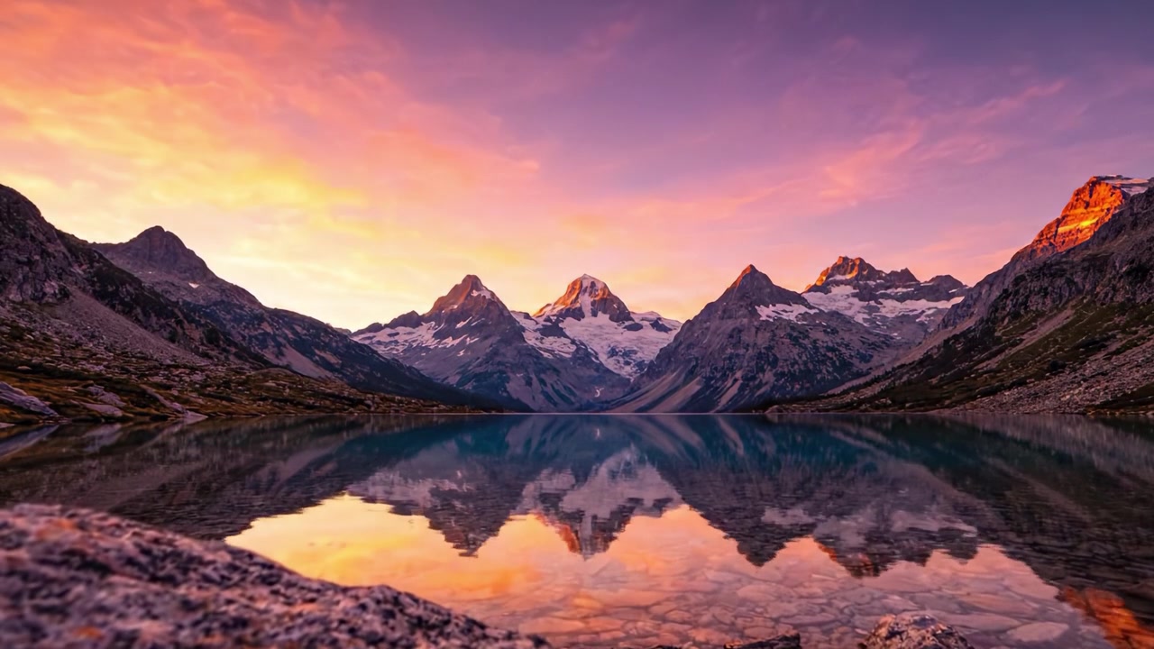 Breathtaking Mountain Reflection at Sunrise Over Tranquil Lake, Capturing Nature's Beauty in a Vibrant Display of Colors and Formations