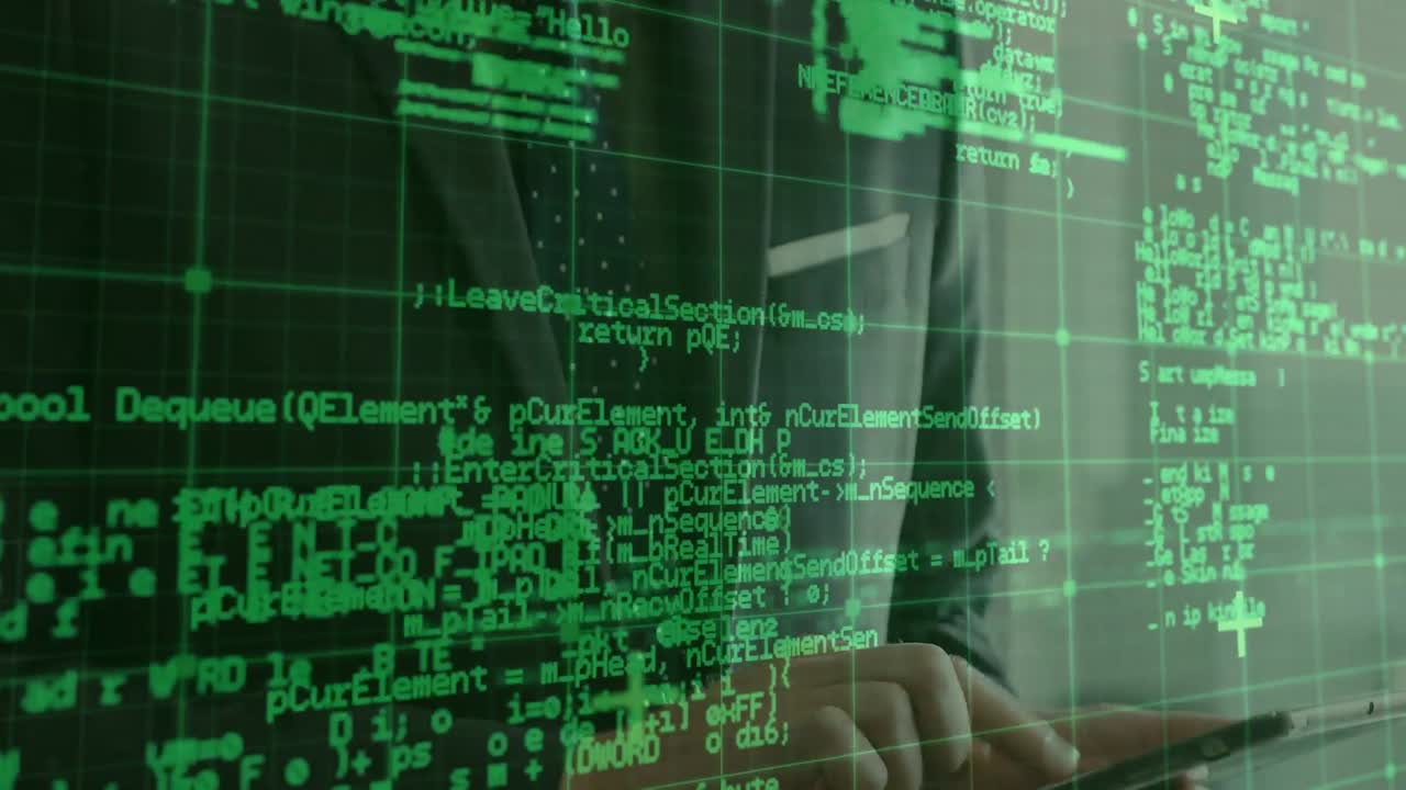 사무실에서 디지털 태블릿을 사용하는 백인 사업가에 대한 데이터 처리 애니메이션