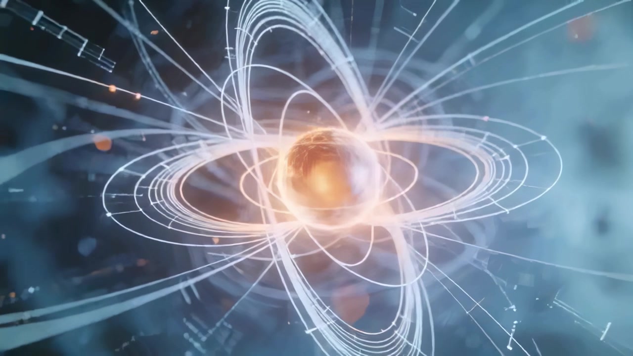Turning gold core orbiting loops pulsing on start, sending particle trails in HUD for data