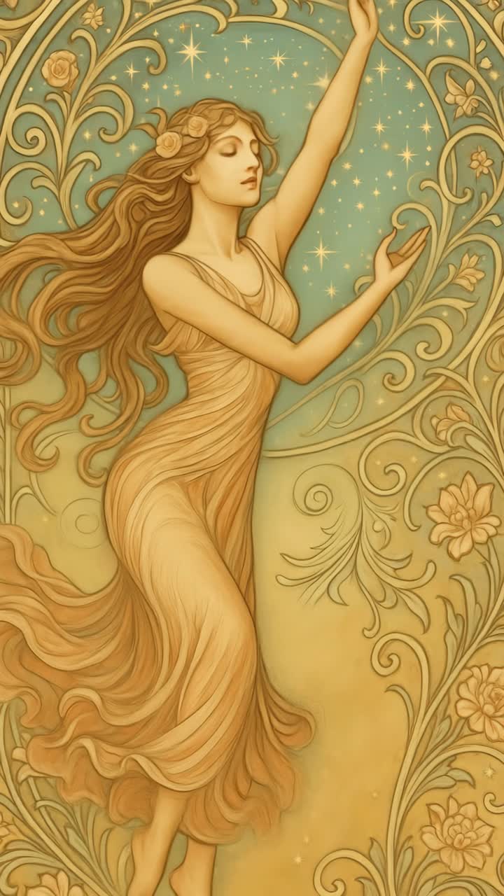 Illustrazione in stile Art Nouveau di una donna con un abito svolazzante, circondata da motivi floreali