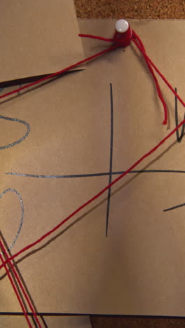 brown paper with red string and tic-tac-toe game