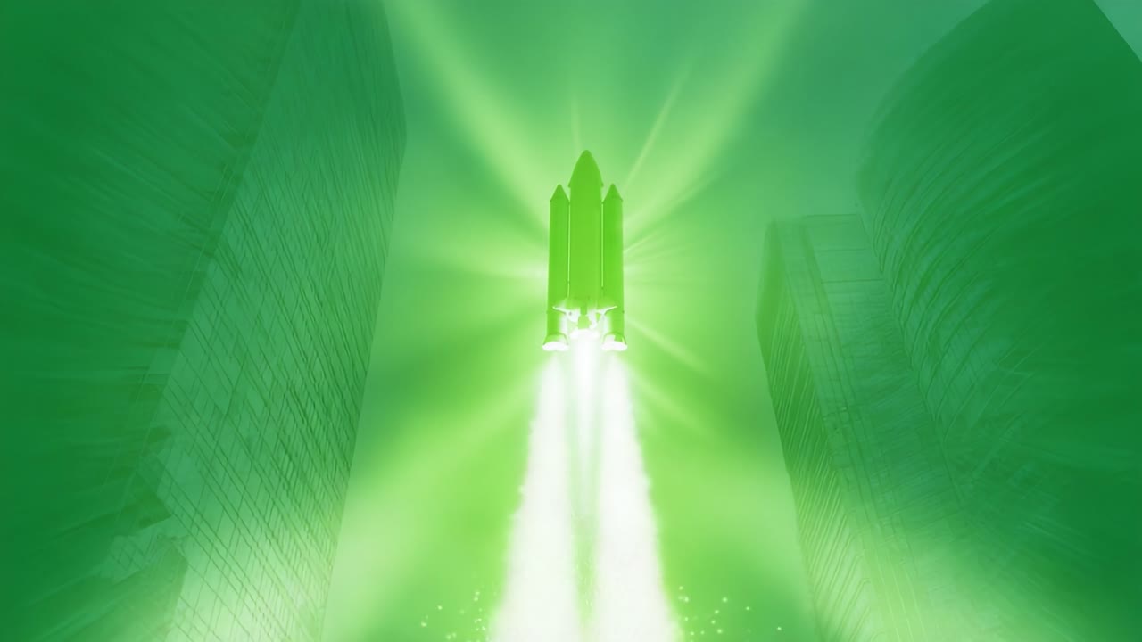 Futuristic space shuttle taking off in a green glowing light, rising between towering city skyscrapers in a powerful display of advanced aerospace technology and interstellar exploration