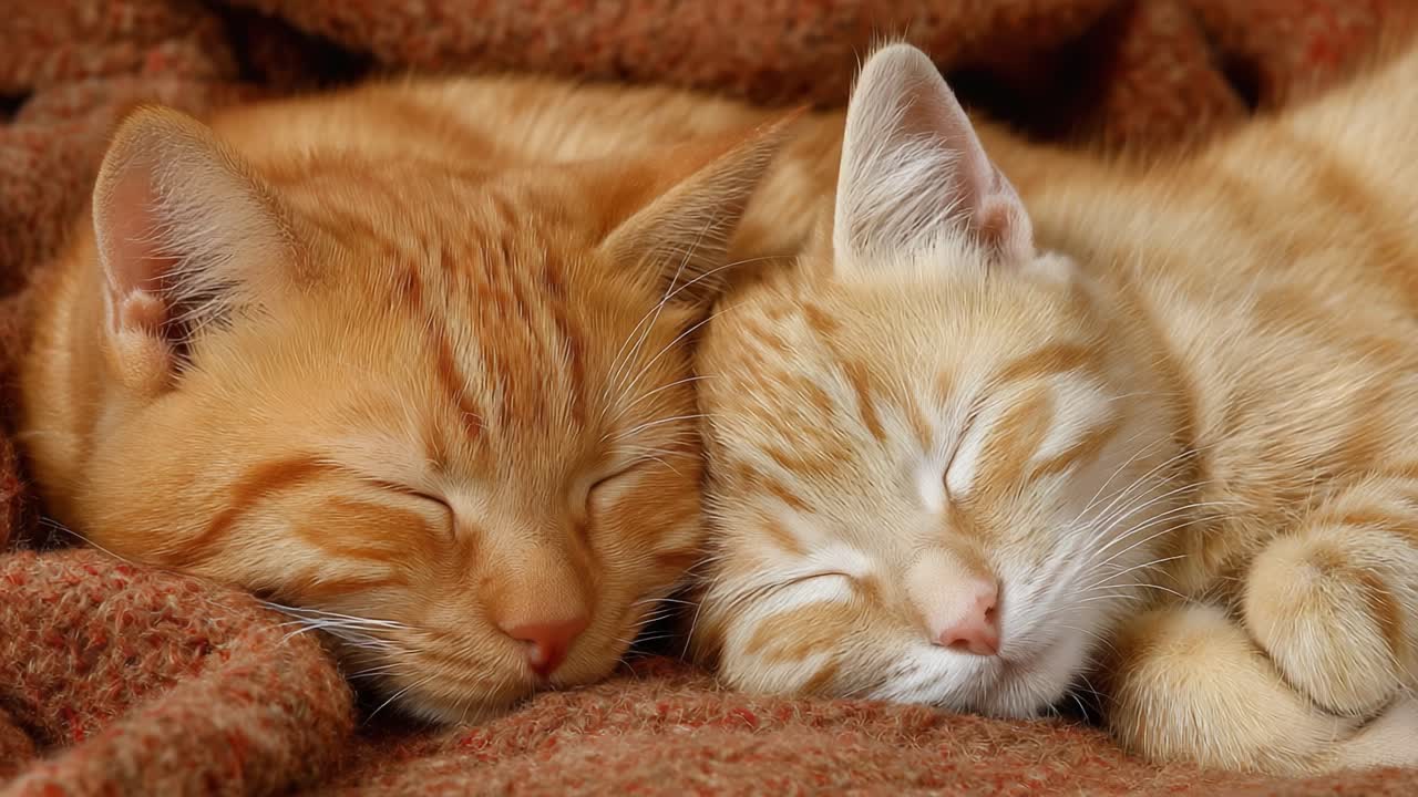 Due adorabili gatti arancioni accoccolati insieme su una coperta morbida, che si godono un sonno tranquillo ed emanano un'aura di comfort e tranquillità